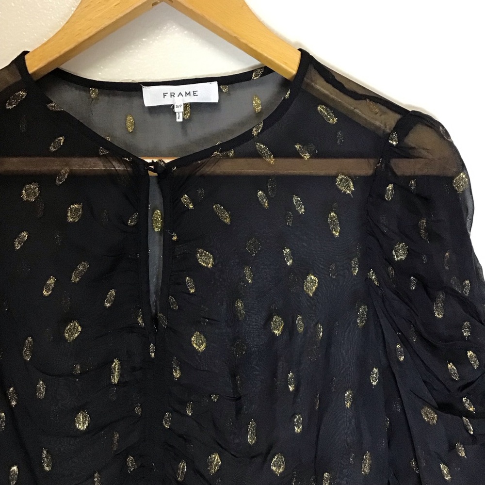 FRAME S/P Black Sheer Top Metallic Gold Detail Keyhole Witchy Whimsigoth Holiday - Picture 3 of 7